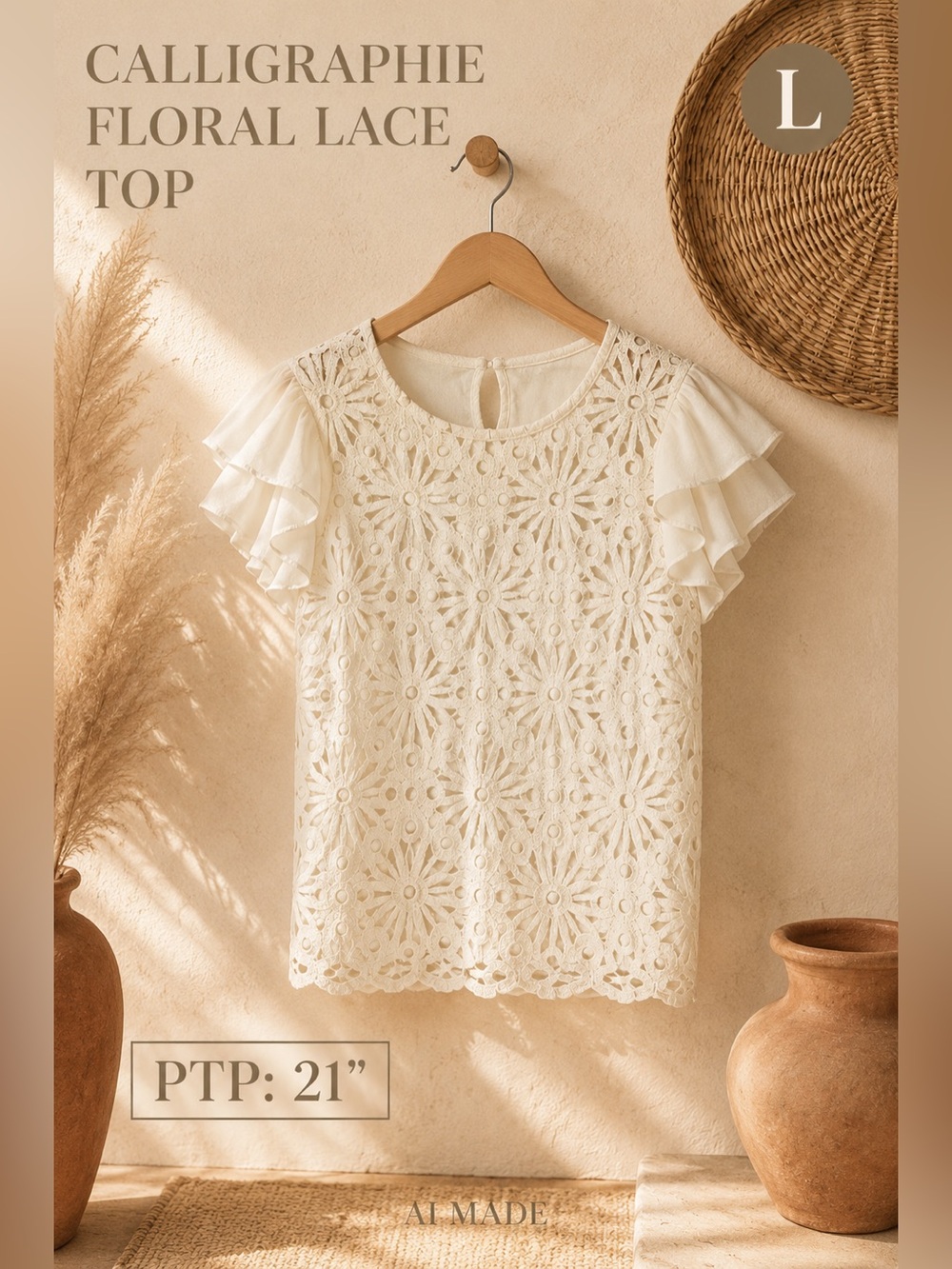 Calligraphie Ivory Floral Lace Flutter-Sleeve Top Size Large NWT